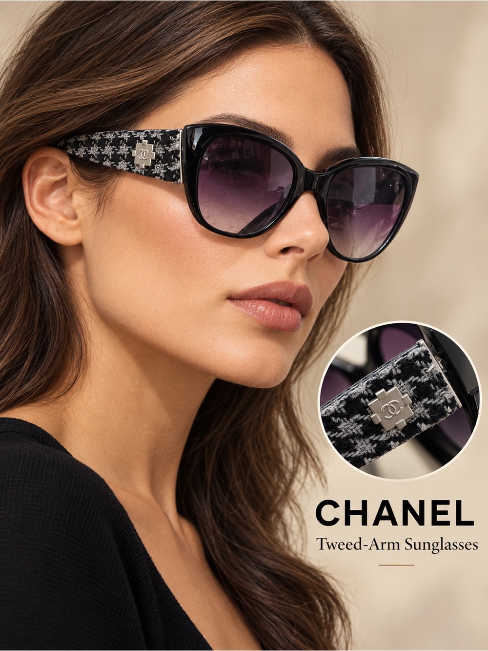 CHANEL Black & Purple Tweed-Arm Cat Eye Sunglasses